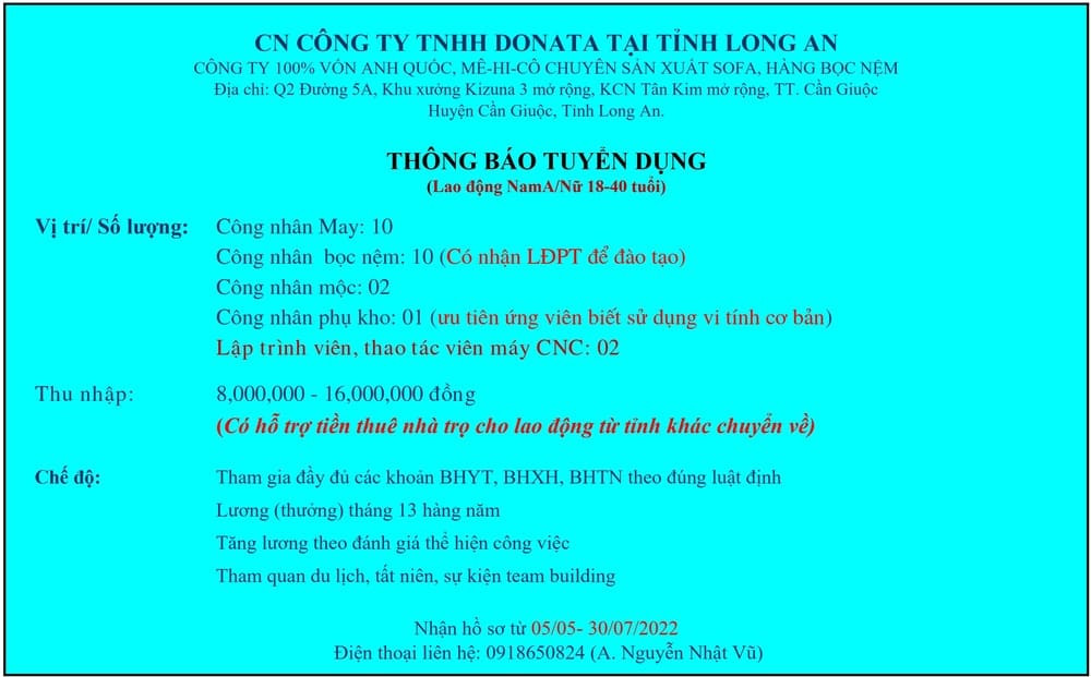 CN CÔNG TY TNHH DONATA - TUYỂN DỤNG: LAO ĐỘNG NAM NỮ (từ 18-40 tuổi)