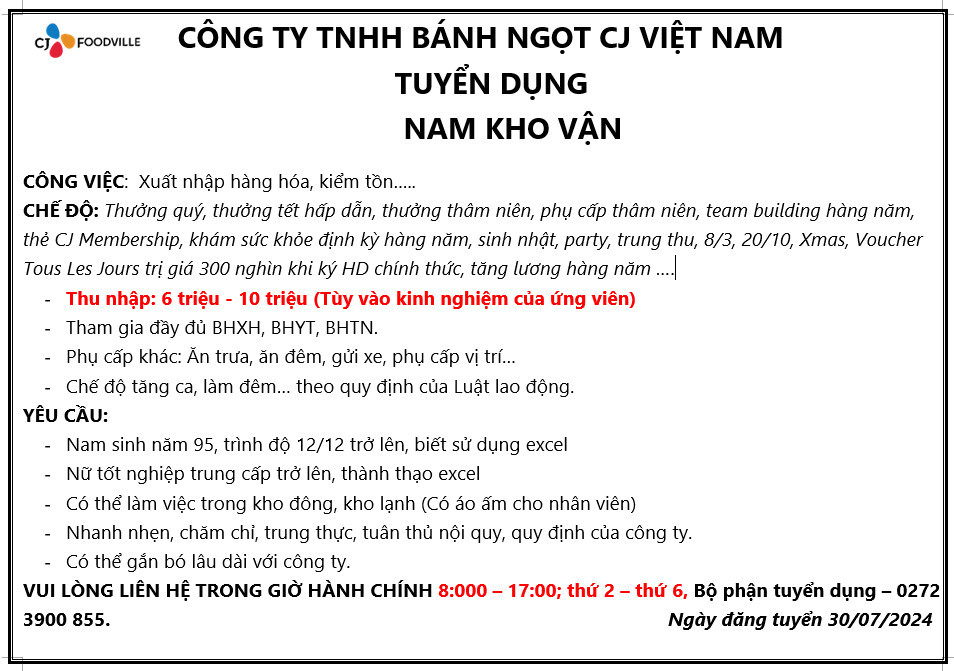 CÔNG TY TNHH BÁNH NGỌT CJ VIỆT NAM TUYỂN DỤNG: NAM KHO VẬN