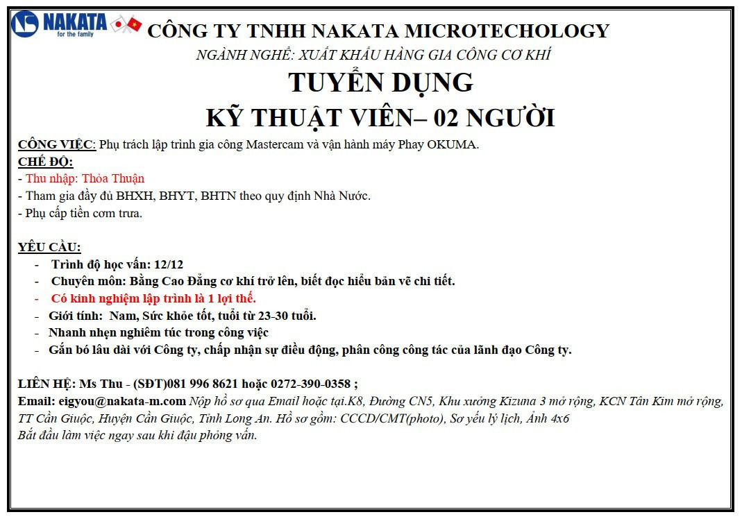 CÔNG TY TNHH NAKATA MICROTECHOLOGY - TUYỂN DỤNG: 02 NHÂN VIÊN KỸ THUẬT