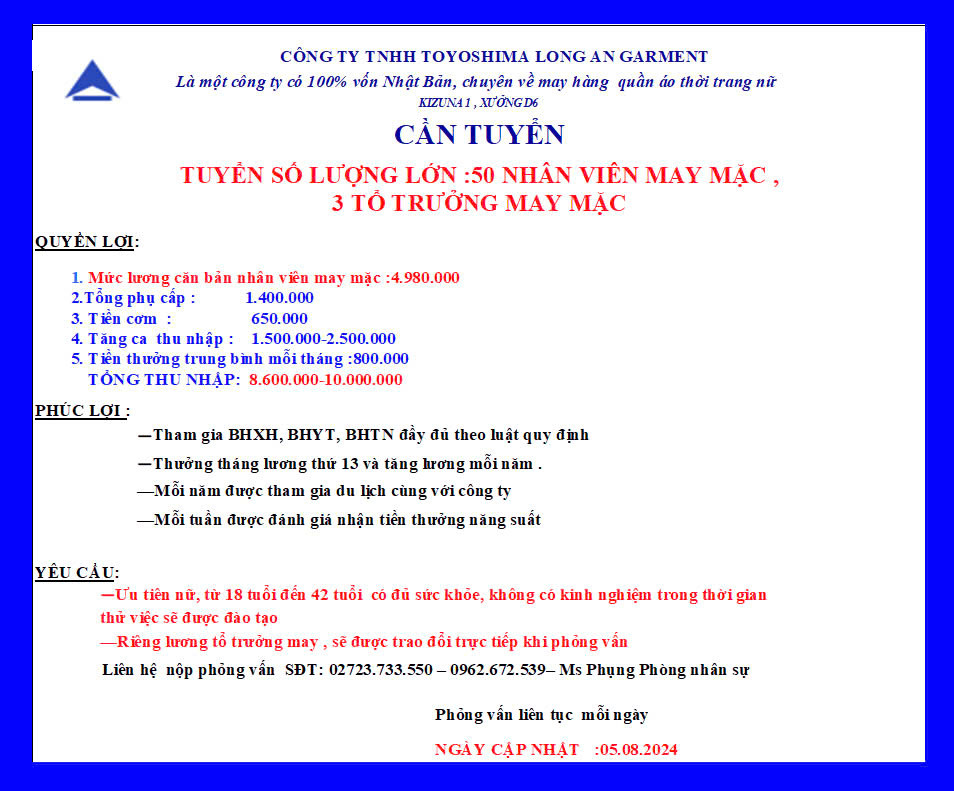 CÔNG TY TNHH TOYOSHIMA LONG AN GARMENT  -  CẦN TUYỂN TUYỂN SỐ LƯỢNG LỚN