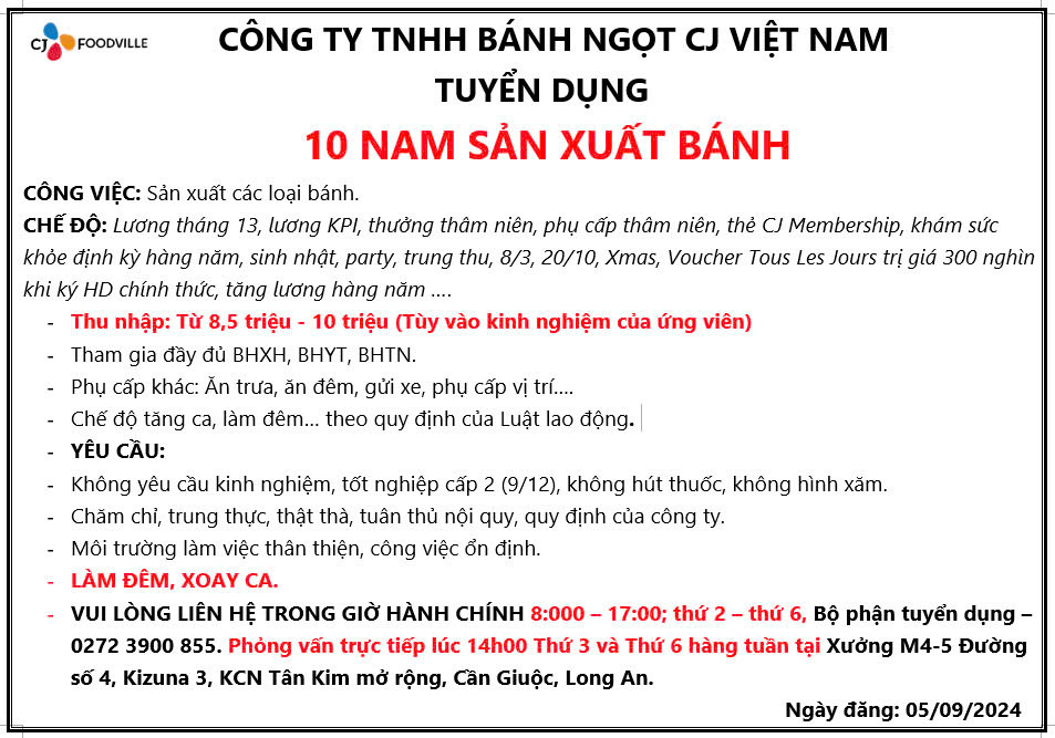 CÔNG TY TNHH BÁNH NGỌT CJ VIỆT NAM TUYỂN DỤNG: 10 NAM SẢN XUẤT BÁNH