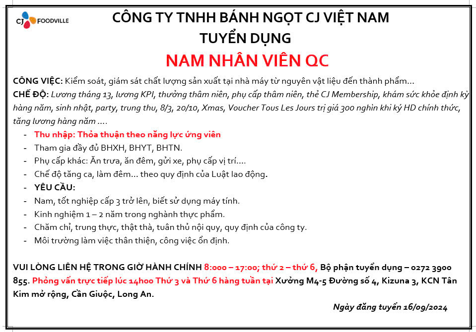 CÔNG TY TNHH BÁNH NGỌT CJ VIỆT NAM TUYỂN DỤNG: NAM NHÂN VIÊN QC