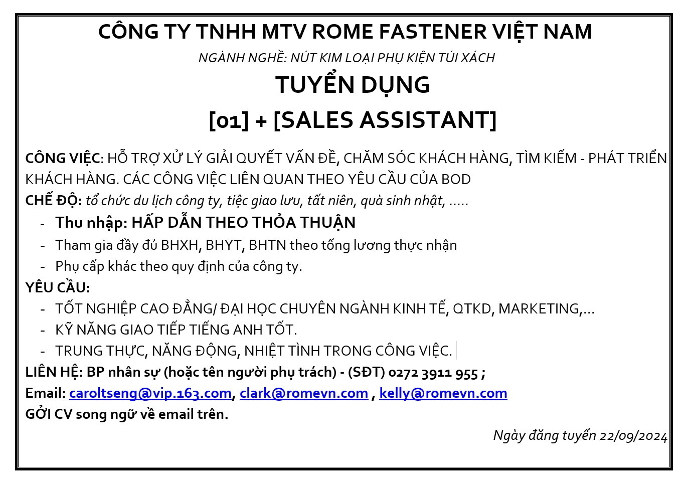 CÔNG TY TNHH MTV ROME FASTENER VIỆT NAM - TUYỂN DỤNG: