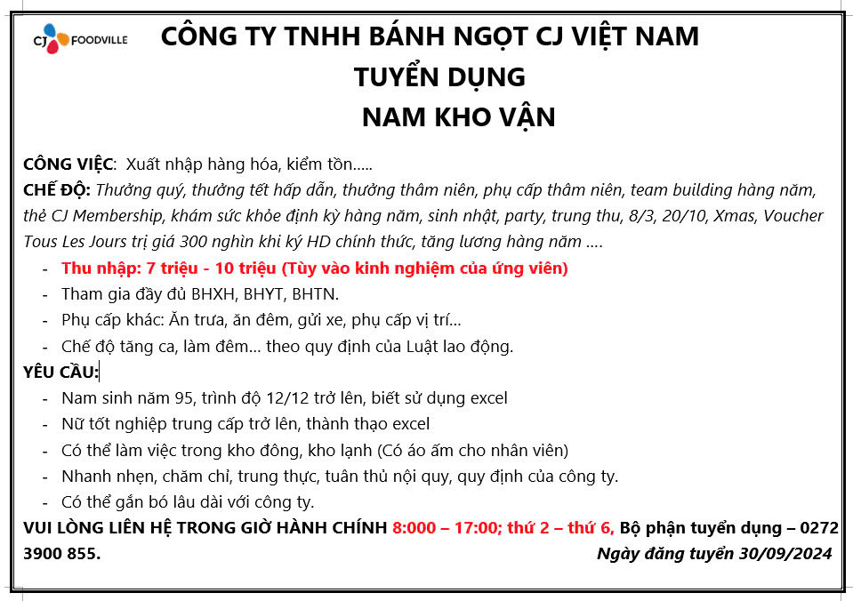 CÔNG TY TNHH BÁNH NGỌT CJ VIỆT NAM TUYỂN DỤNG: NAM KHO VẬN