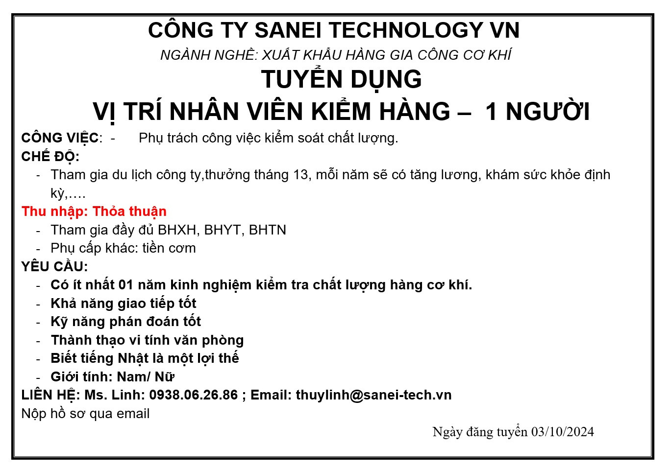 CÔNG TY TNHH SANEI TECHNOLOGY VIỆT NAM - TUYỂN DỤNG: