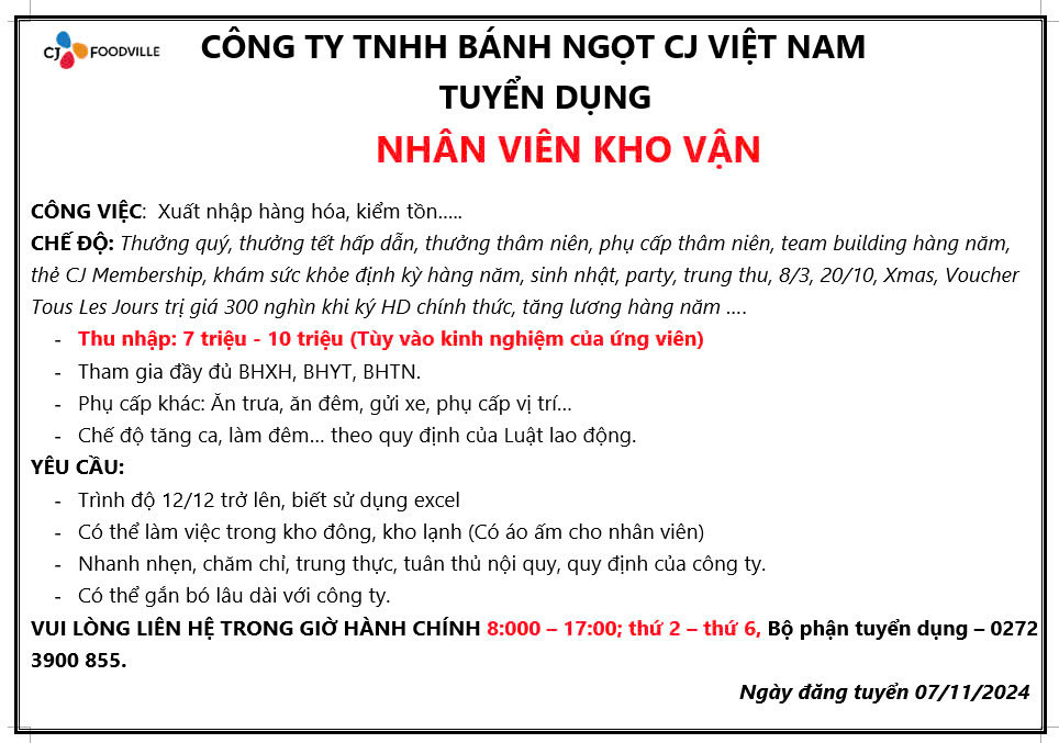 CÔNG TY TNHH BÁNH NGỌT CJ VIỆT NAM TUYỂN DỤNG: NHÂN VIÊN KHO VẬN