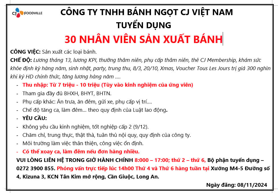 CÔNG TY TNHH BÁNH NGỌT CJ VIỆT NAM TUYỂN DỤNG: