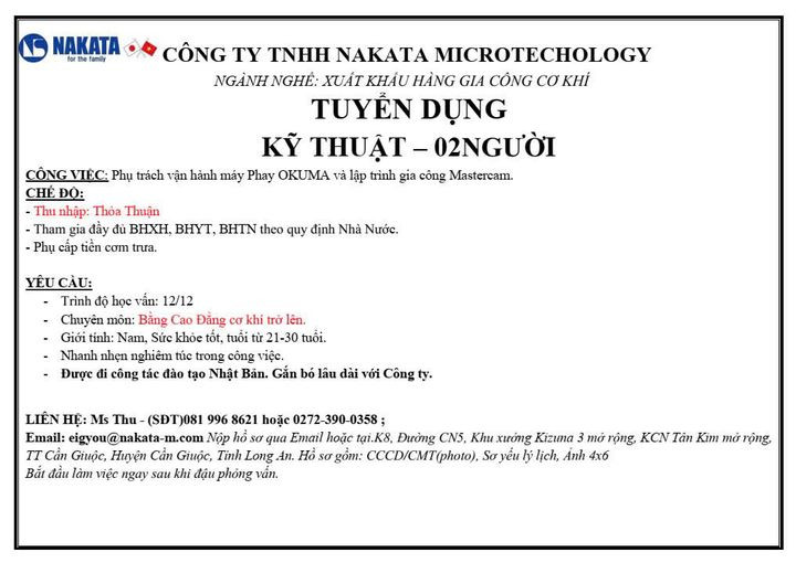 CÔNG TY TNHH NAKATA MICROTECHOLOGY - TUYỂN DỤNG: KỸ THUẬT – 02 NGƯỜI