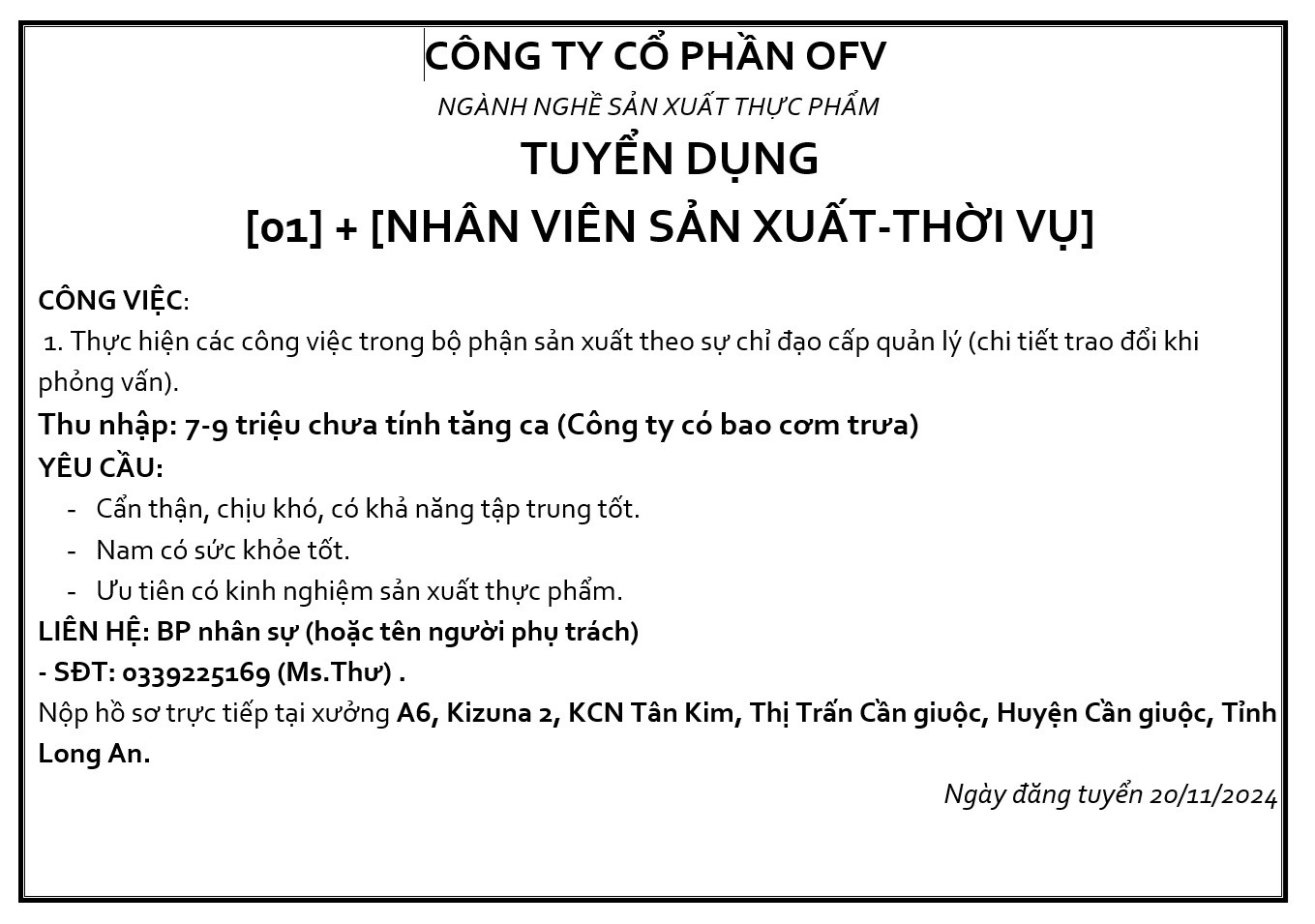 CÔNG TY CỔ PHẦN OFV - TUYỂN DỤNG