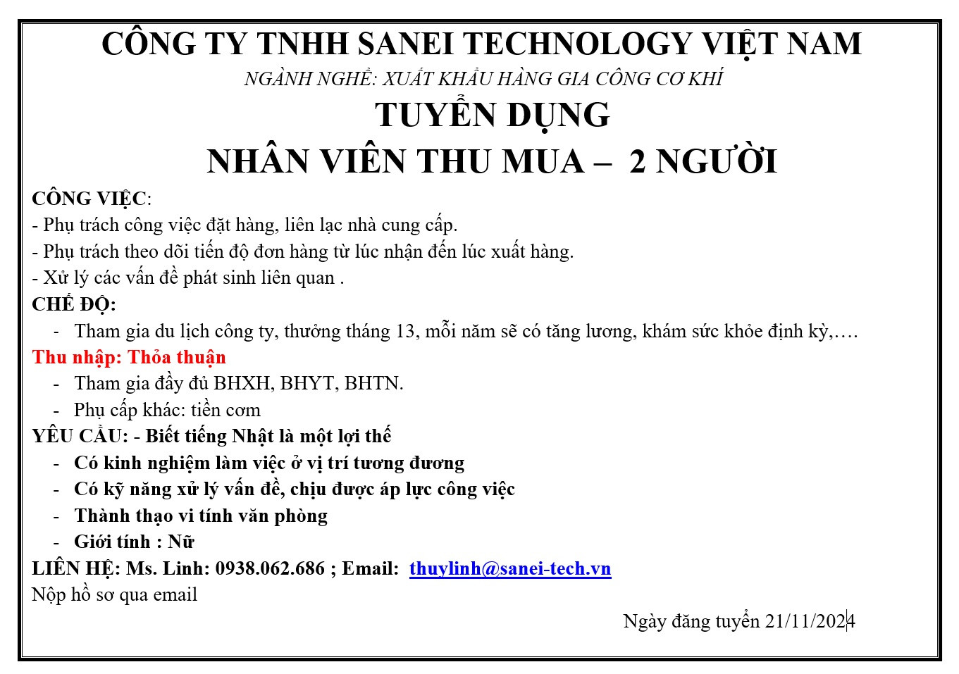 CÔNG TY SANEI TECHNOLOGY VN - TUYỂN DỤNG: