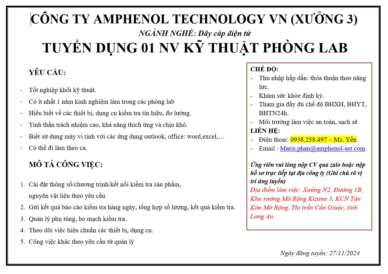 CÔNG TY AMPHENOL TECHNOLOGY VN (XƯỞNG 3) - TUYỂN DỤNG: