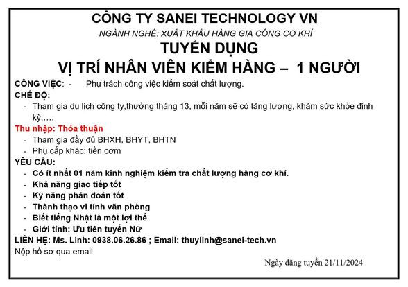 CÔNG TY SANEI TECHNOLOGY VN - TUYỂN DỤNG: