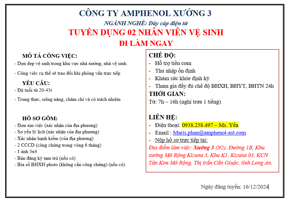 CÔNG TY AMPHENOL TECHNOLOGY VN (XƯỞNG 3) TUYỂN DỤNG CÁC VỊ TRÍ