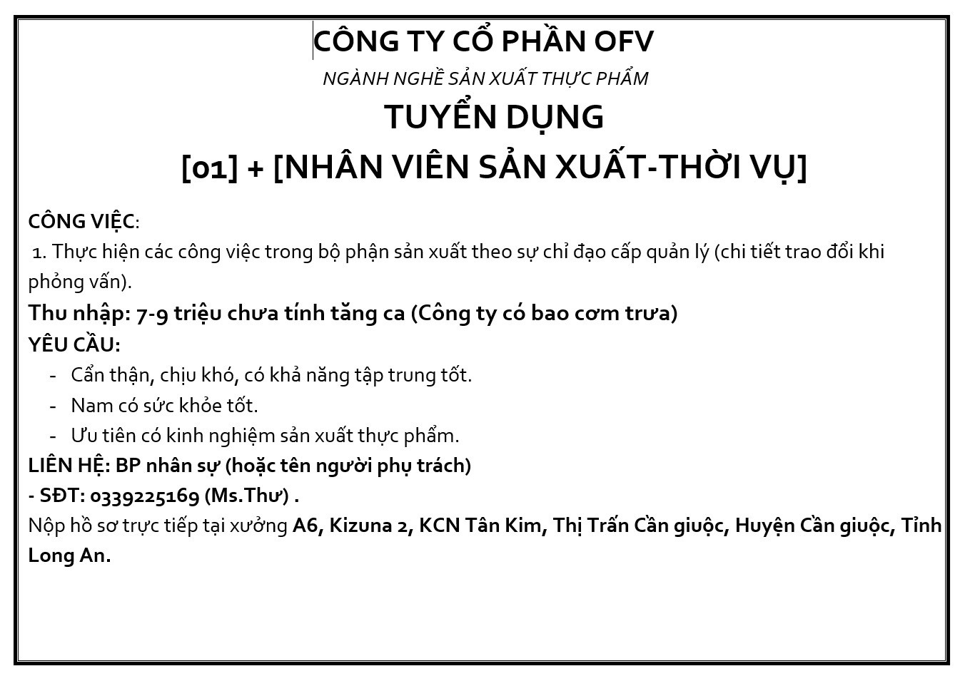 CÔNG TY CỔ PHẦN OFV - NGÀNH NGHỀ SẢN XUẤT THỰC PHẨM - TUYỂN DỤNG