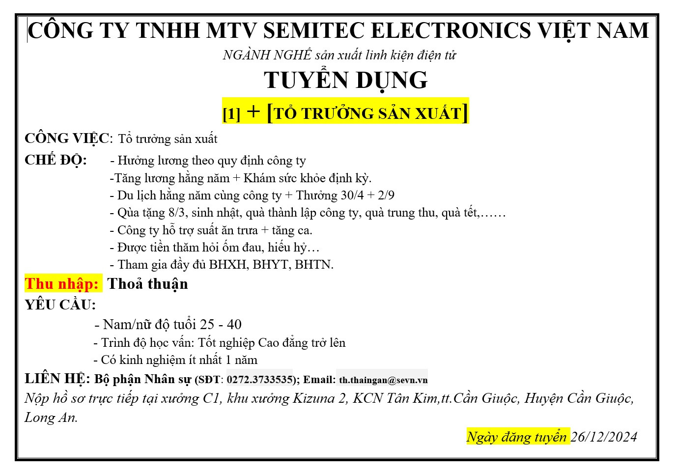 CÔNG TY TNHH MTV SEMITEC ELECTRONICS VIỆT NAM - TUYỂN DỤNG: