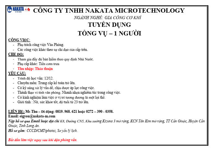 CÔNG TY TNHH NAKATA MICROTECHOLOGY TUYỂN DỤNG: 01 NHÂN VIÊN TỔNG VỤ