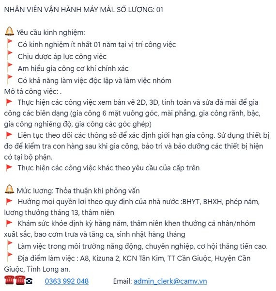 [CAM CORPORATION VIỆT NAM tuyển dụng]  ** 01 NHÂN VIÊN QC ** 01 NHÂN VIÊN VẬN HÀNH MÁY MÀI