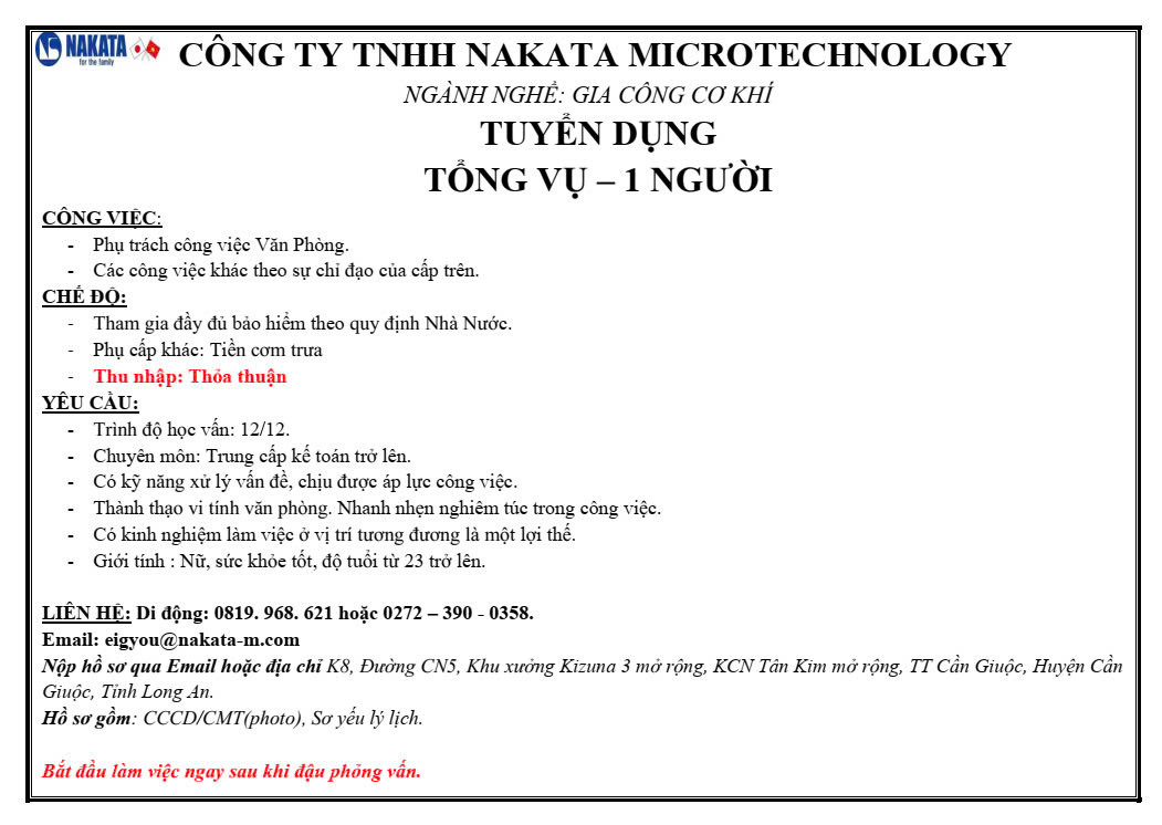 CÔNG TY TNHH NAKATA MICROTECHOLOGY - TUYỂN DỤNG: