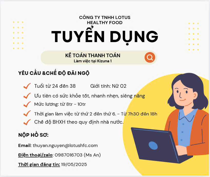 CÔNG TY TNHH LOTUS HEALTHY FOOD TUYỂN DỤNG KẾ TOÁN THANH TOÁN