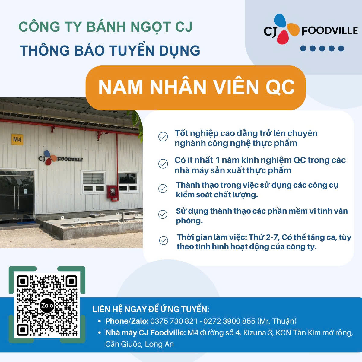 CJ Foodville cần tuyển Nam QC Checker