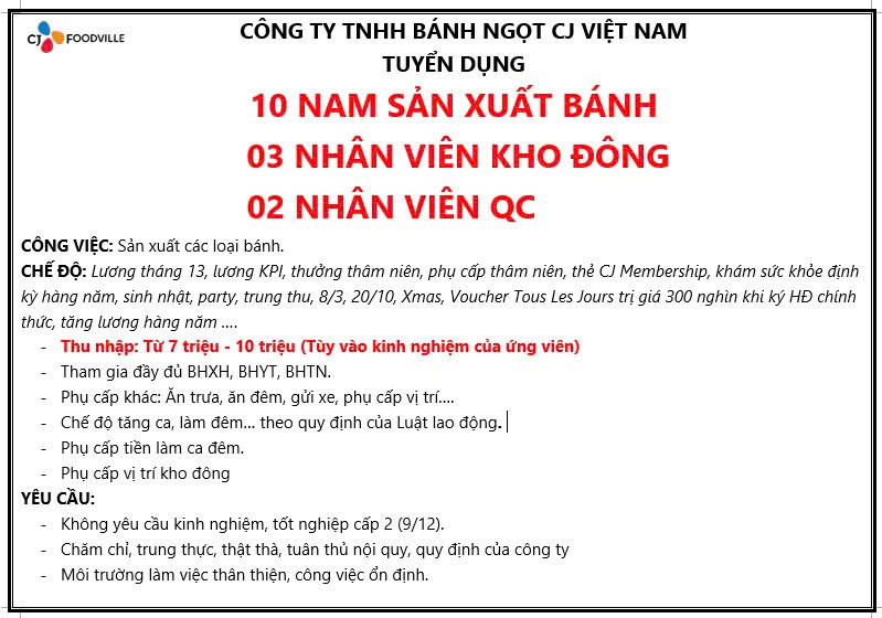 CÔNG TY TNHH BÁNH NGỌT CJ VIỆT NAM TUYỂN DỤNG NHIỀU VỊ TRÍ