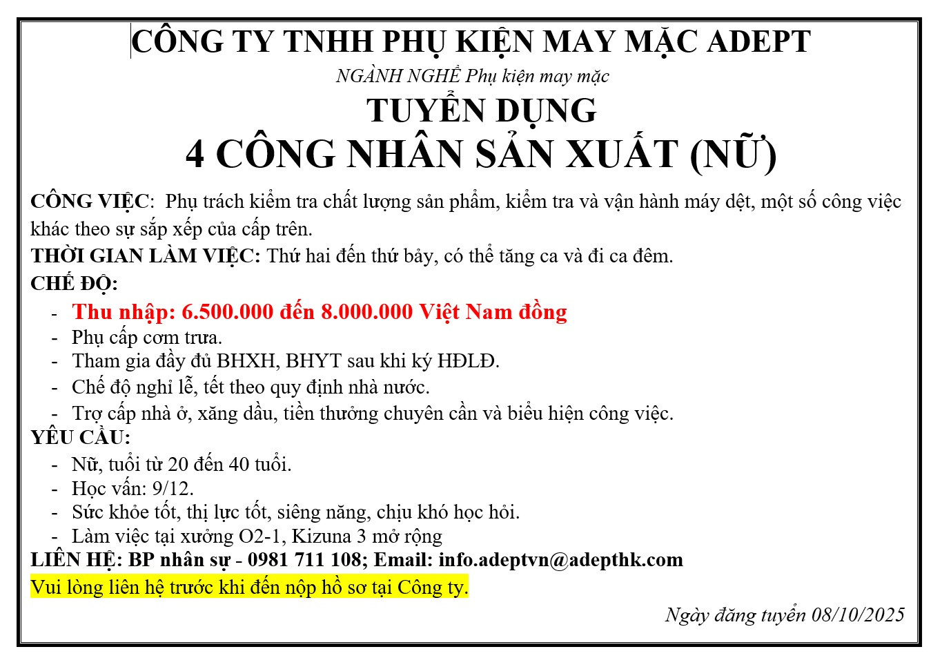 CÔNG TY TNHH PHỤ KIỆN MAY MẶC ADEPT - TUYỂN DỤNG 4 CÔNG NHÂN SẢN XUẤT (NỮ)