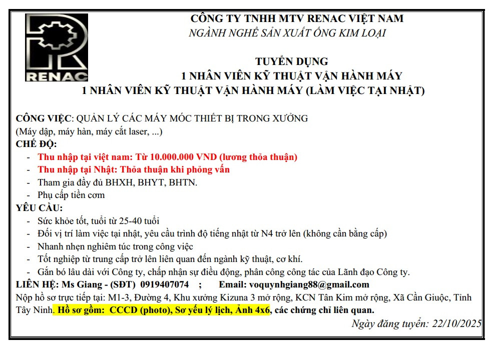 CÔNG TY TNHH MTV RENAC - TUYỂN DỤNG NHIỀU VỊ TRÍ