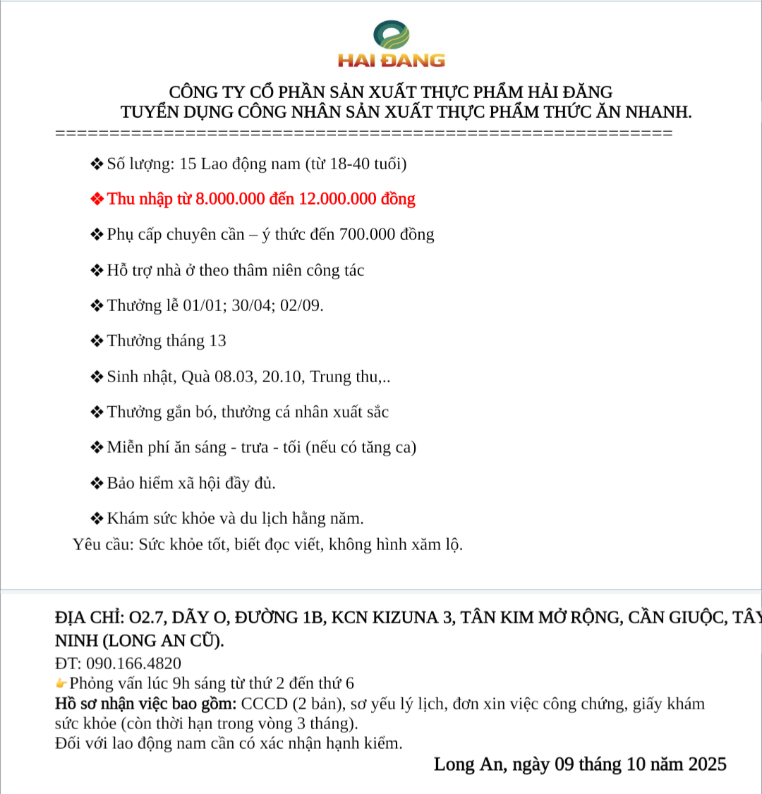 CÔNG TY HẢI ĐĂNG TUYỂN DỤNG