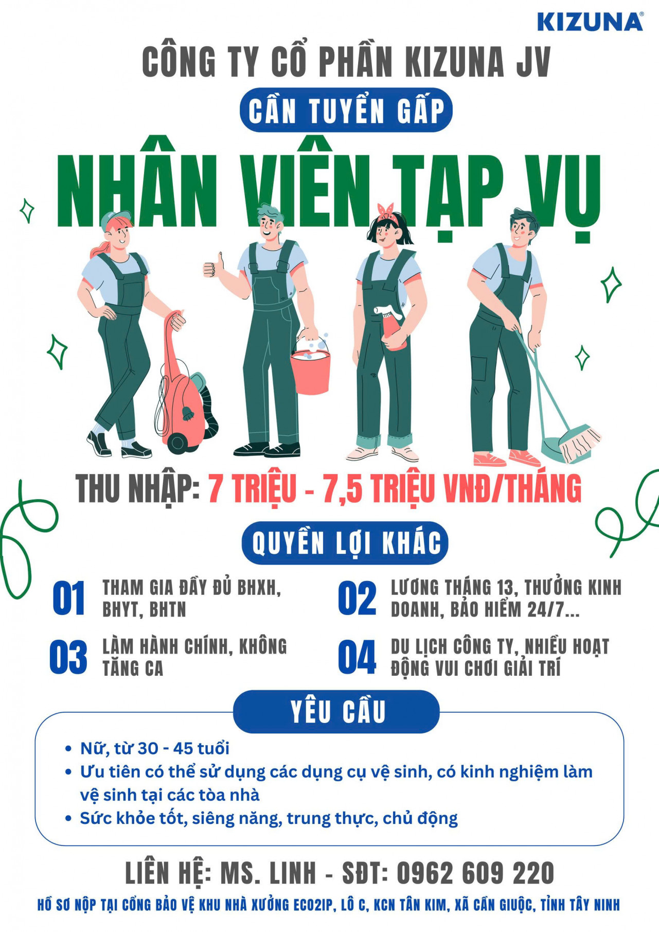 CÔNG TY CỔ PHẦN KIZUNA JV CẦN TUYỂN  01 NỮ NHÂN VIÊN VỆ SINH CÔNG NGHIỆP